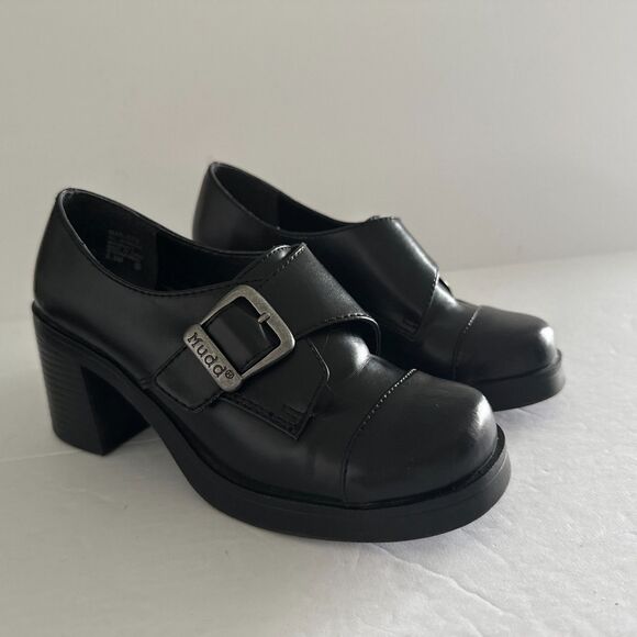 VTG Y2K Mudd Marleen Black Chunky Platform Block Heel Buckle Loafers Shoes 6.5 - Picture 1 of 8